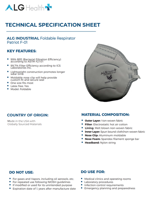 ALG N95 (Made in USA) SOFT SHELL FACE MASKS (20 Pack)
