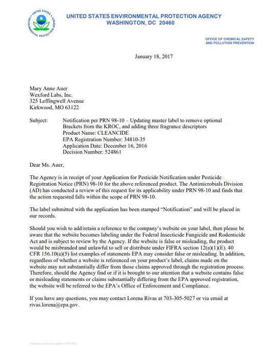 Disinfecting Spray EPA N List Approval Letter